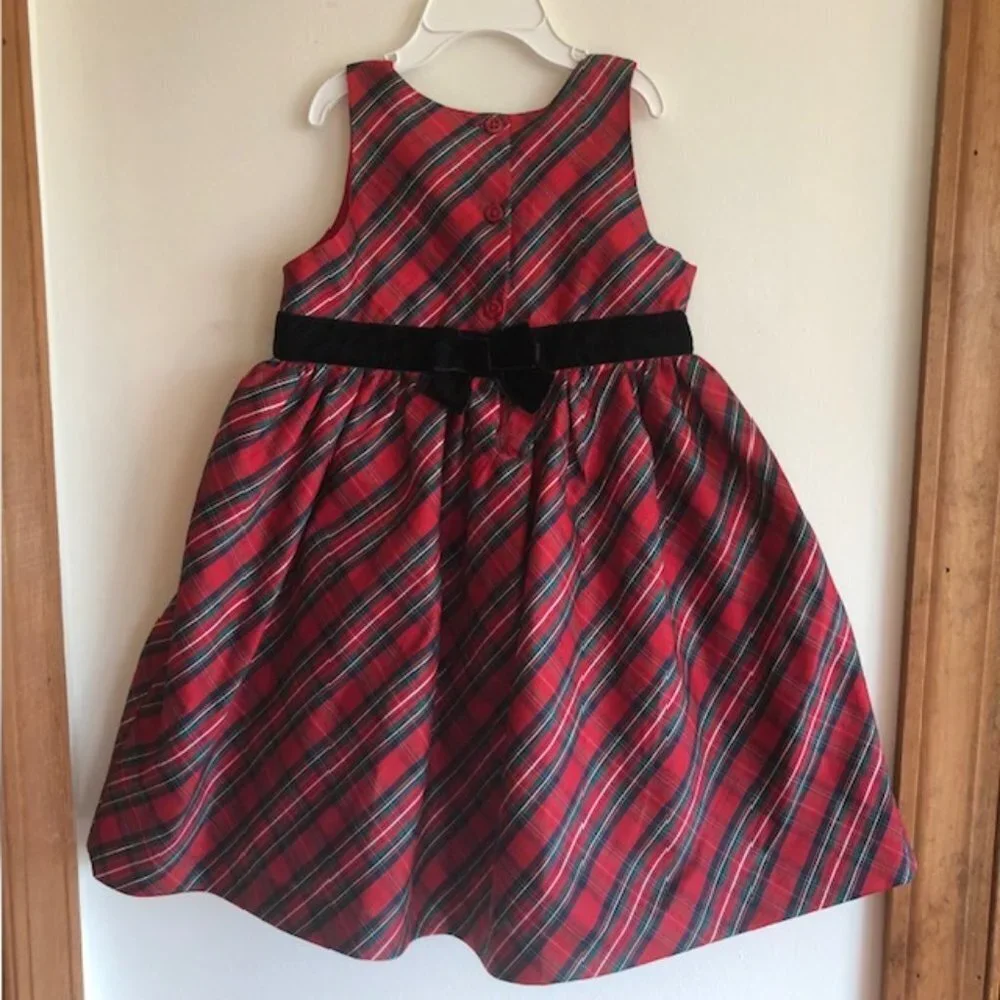 GYMBOREE Red Tartan Plaid Sleeveless Black Velvet Bow Dress 5T